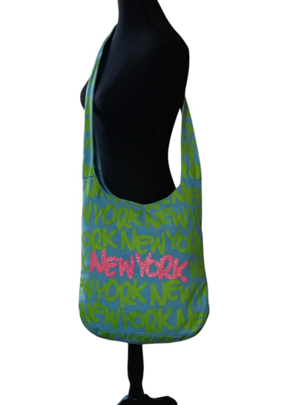 Robin Ruth New York City Graffiti Canvas Hobo Shoulder Bag Blue Neon Green/ Pink